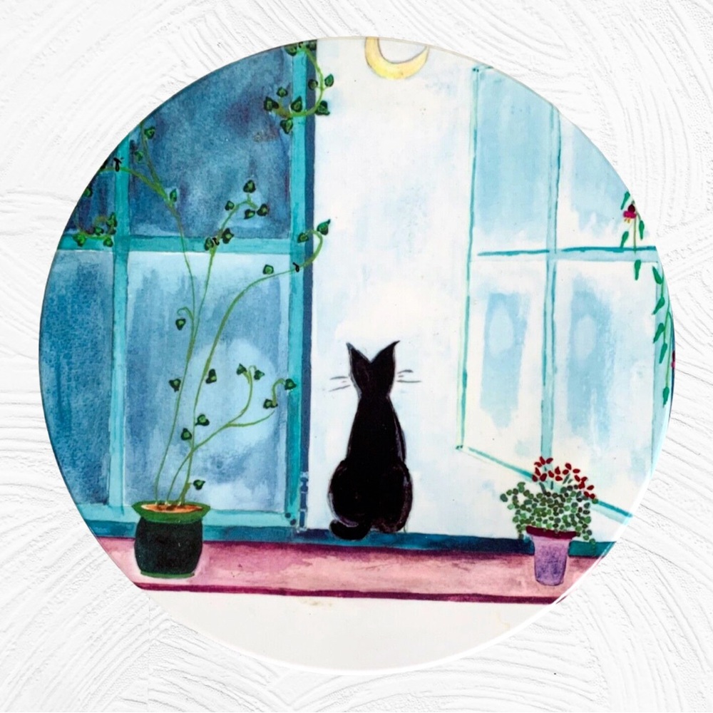 Vintage MEBEL Black Cat Sitting in Window Melamine Tray Hot Plate Trivet